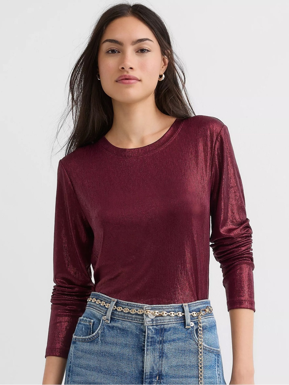 New LOFT Metallic Wine Crewneck Top everyday essentials long sleeve medium